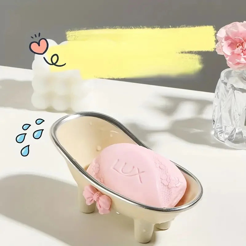 1Pc Cute Plastic Bathroom Soap Dish - Bowknot Design Soap Holder with Creative Drainage - Bathroom Accessories Tray