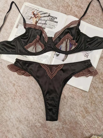 Women's Satin Lace Support Bra Set