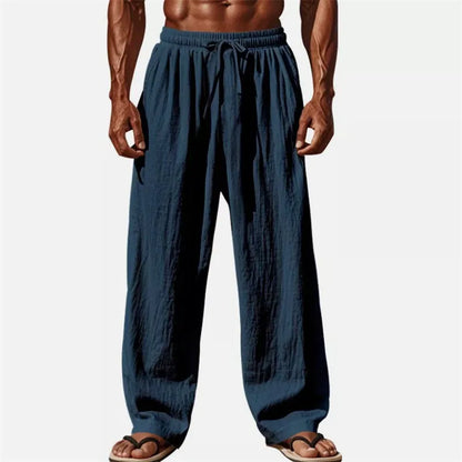 Men's Casual Pants Daily Wear Solid Summer Full Length Soft Linen Pants Mid Waist Pocket Drawstring Trousers Streetwear Bottoms