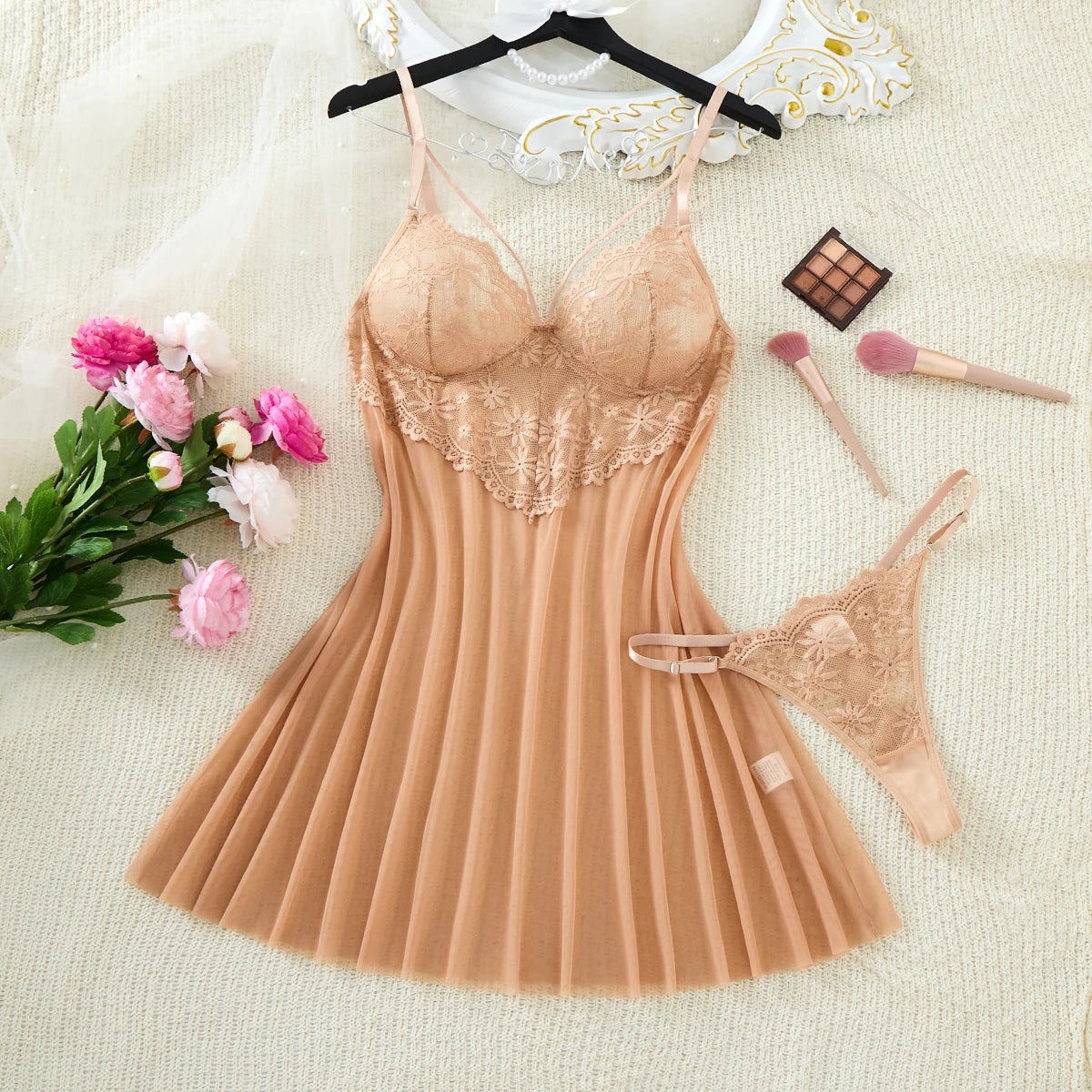 Champagne Floral Embroidered Mesh Nightgown
