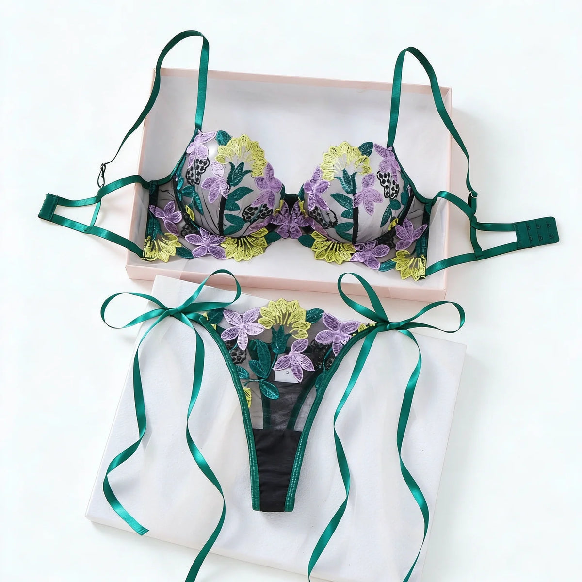 Green Multicolor Floral Embroidered Bra & Thong Set