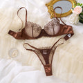 Coffee Brown Floral Embroidered Bra & Thong Set