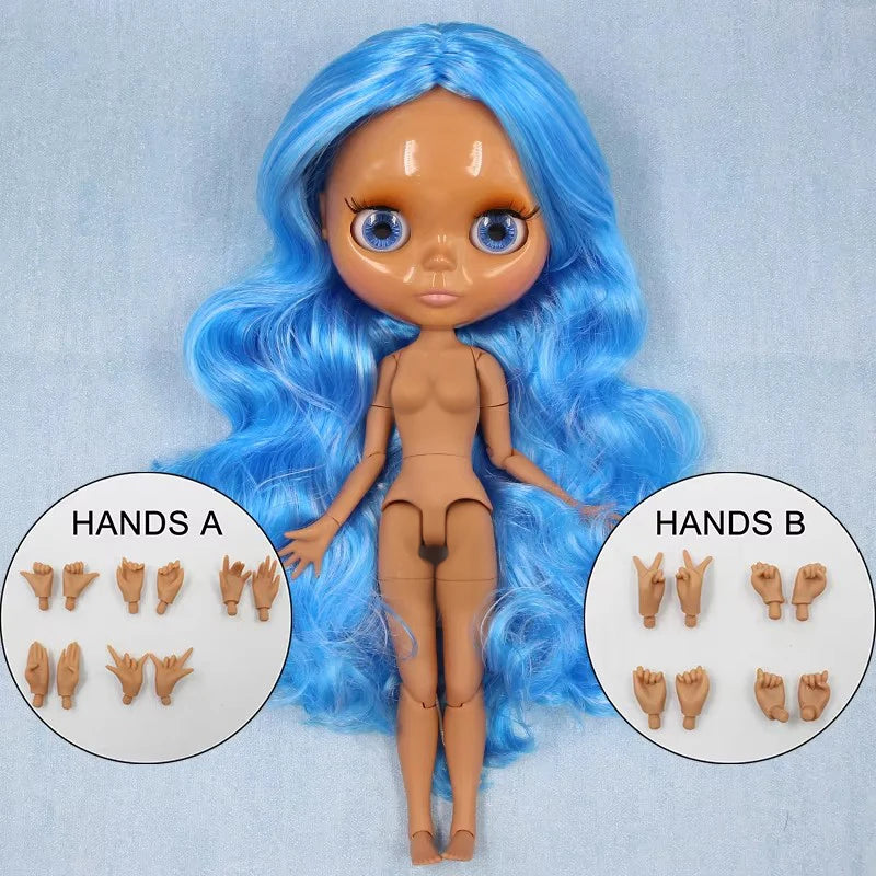 ICY DBS Blyth doll 1/6 bjd joint body dark skin shiny face blue hair white skin matte face Multi-colored hair 30CM toy anime