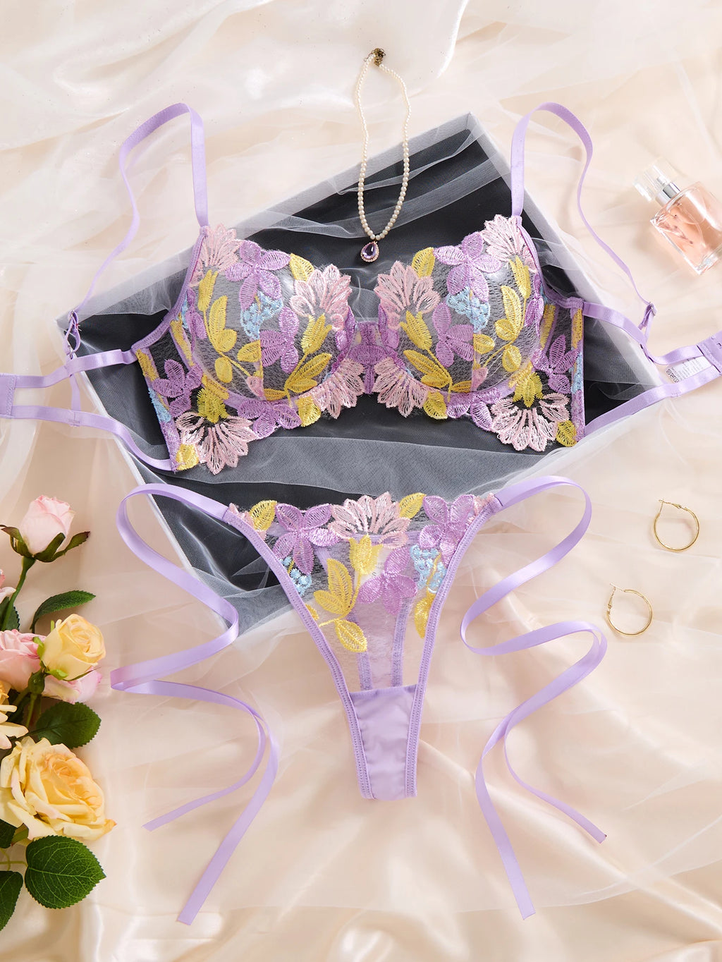 Pastel Purple Floral Embroidered Bra & Thong Set