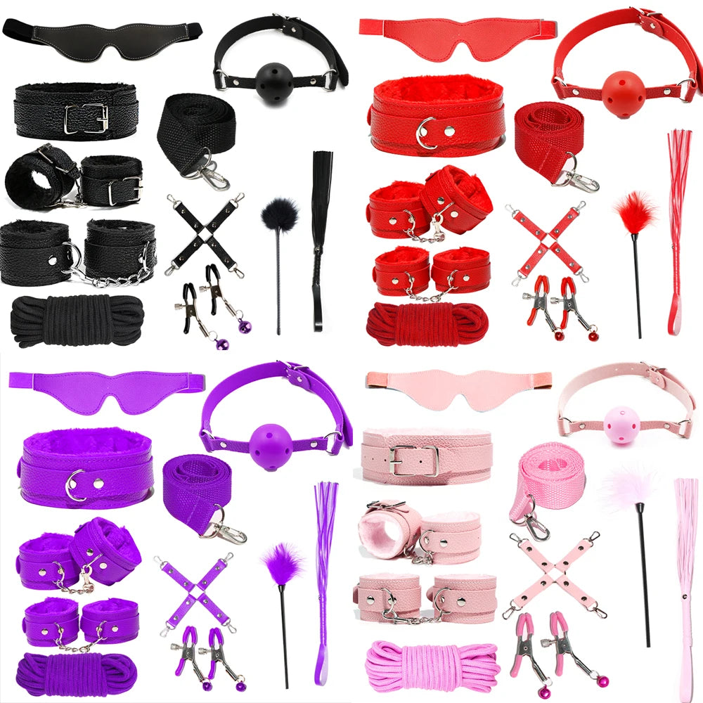 6-10Pcs/Set Sexual Bondage Handcuff Whip Adult Couple Sex Toys Tools Set Erotic Sex Toys for Woman Couples Leather BDSM Kits