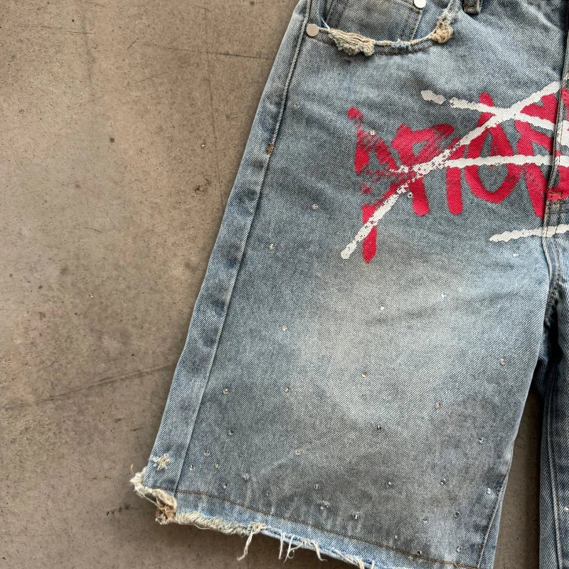 Y2K Graffiti Rhinestone Baggy Jorts