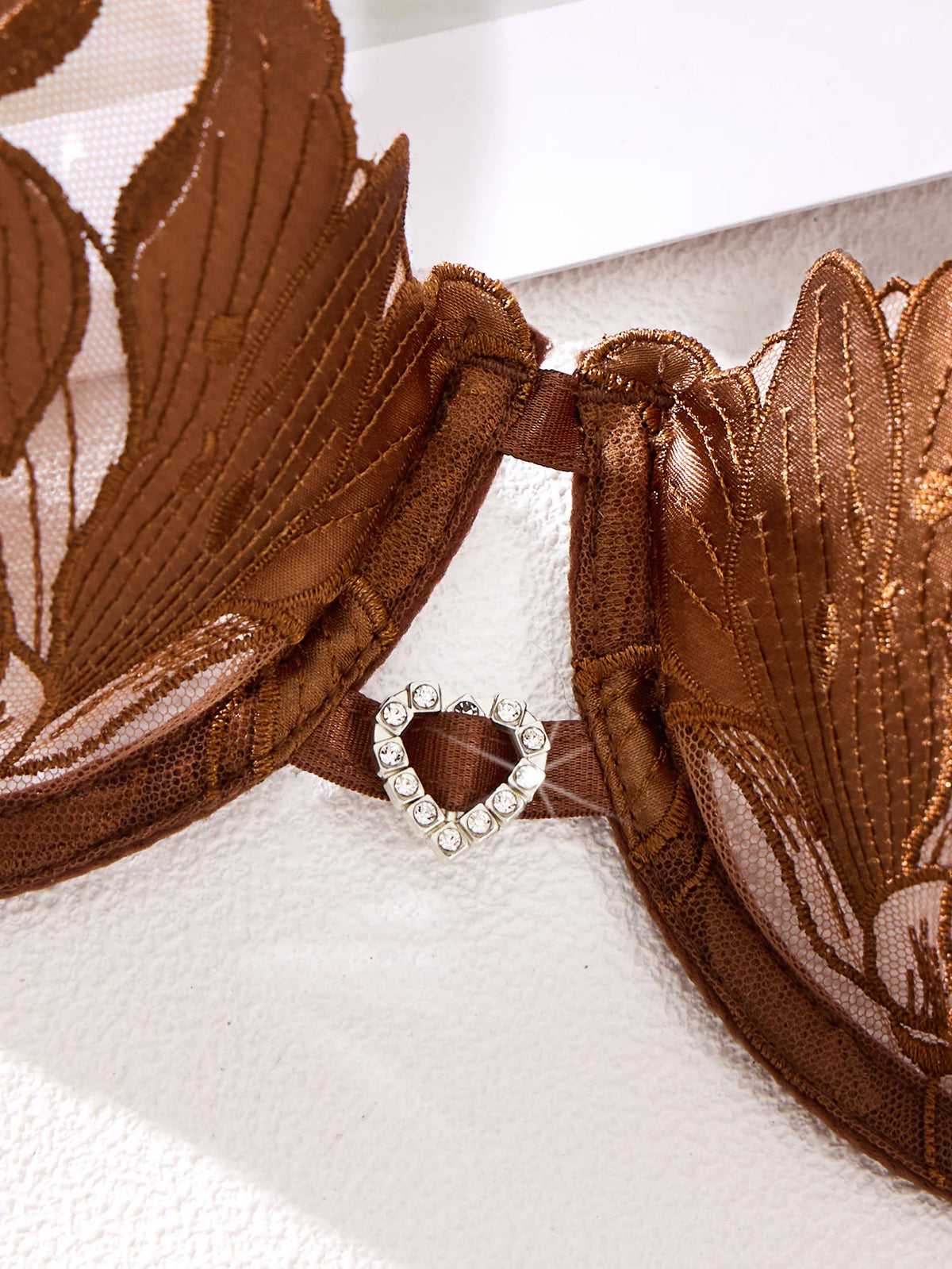 Coffee Floral Embroidered Bra & Thong Set