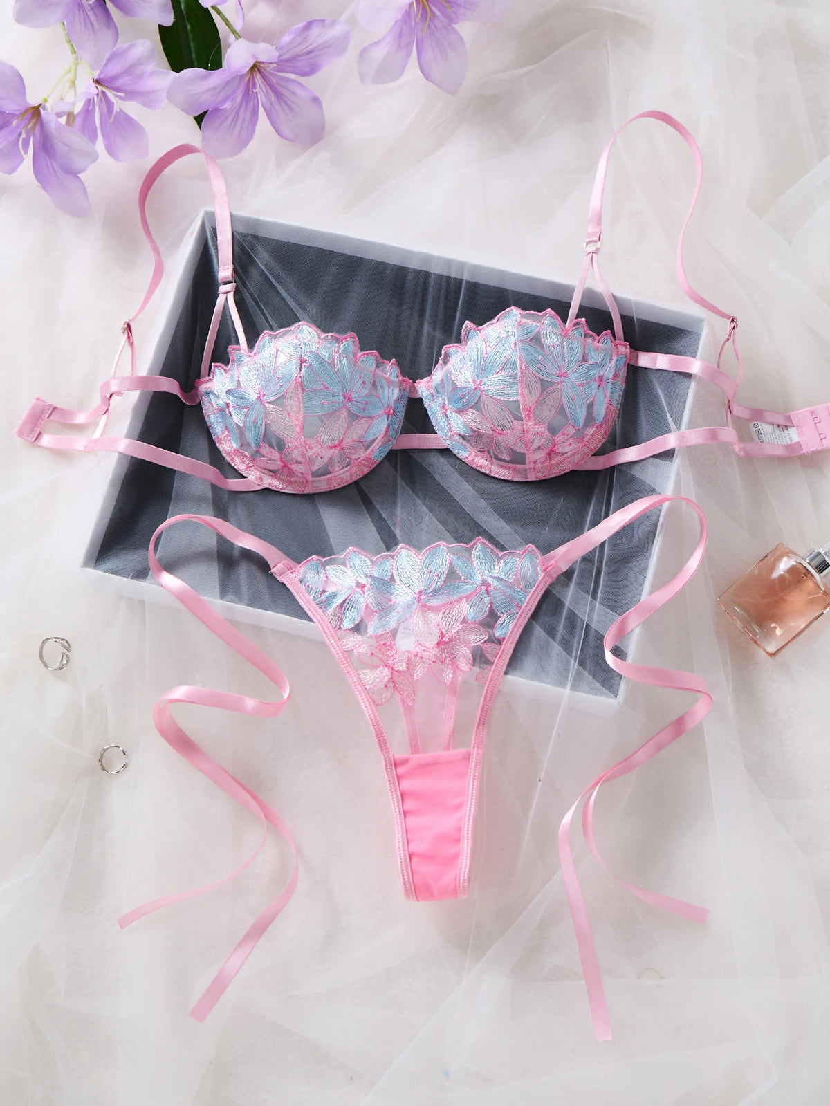 Pink & Blue Floral Embroidered Bra & Thong Set
