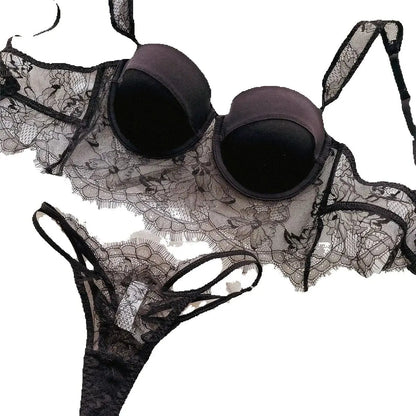 Sexy Lace Underwear Female Poly Poly Thin Soft Steel Ring up Support Anti-Sagging Collect Vice Breasts Solid Color Back Bra Set