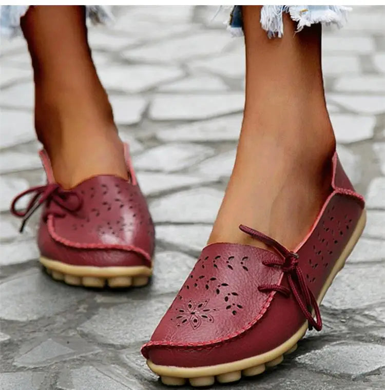 Women's Leather Ballet Flats — Hollow Slip-On Ballerina Shoes