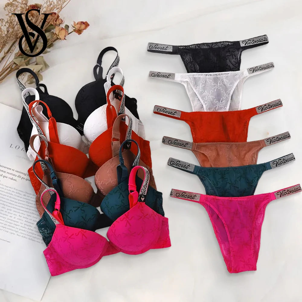 Victoria Secret Hot Sexy Lingerie Set Very Sexy Logo Shine Strap Embossed Lace Push Up Bra Shine Script Thong Panty
