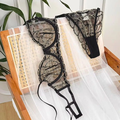 Women's Black Lace Gold-Chain Bra & G-String Set