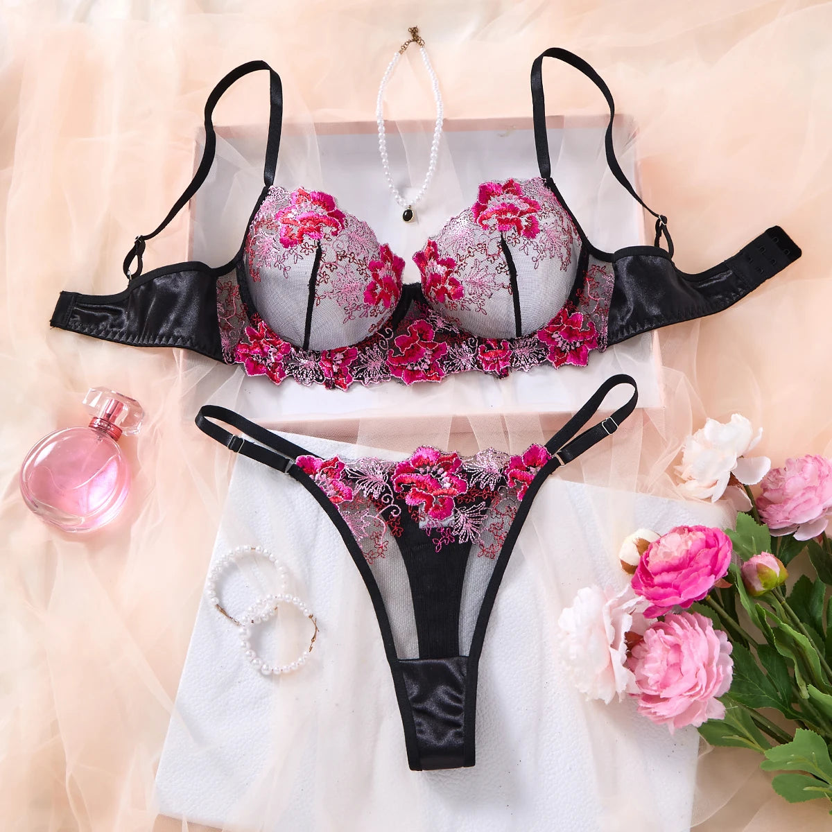Hot Pink Floral Embroidered Bra & Thong Set