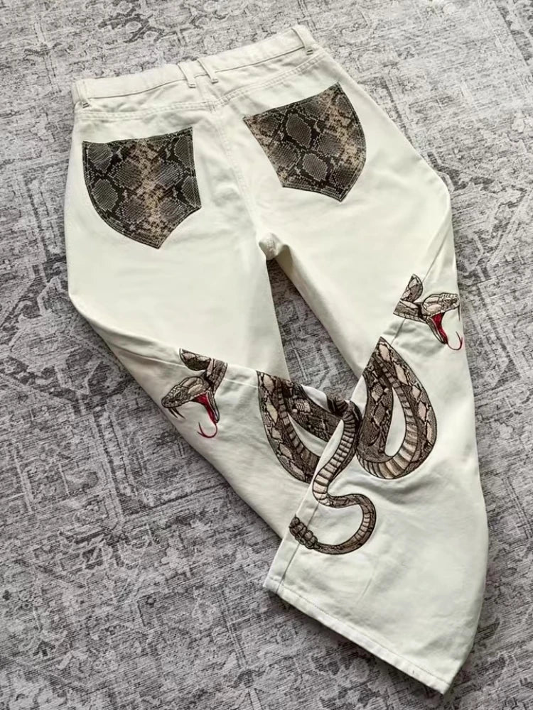 Streetwear Retro Snake Jeans Boa Embroidery Graphic Python Print Pocket Denim Pants Y2K Trend Unisex Baggy Straight Leg Pants