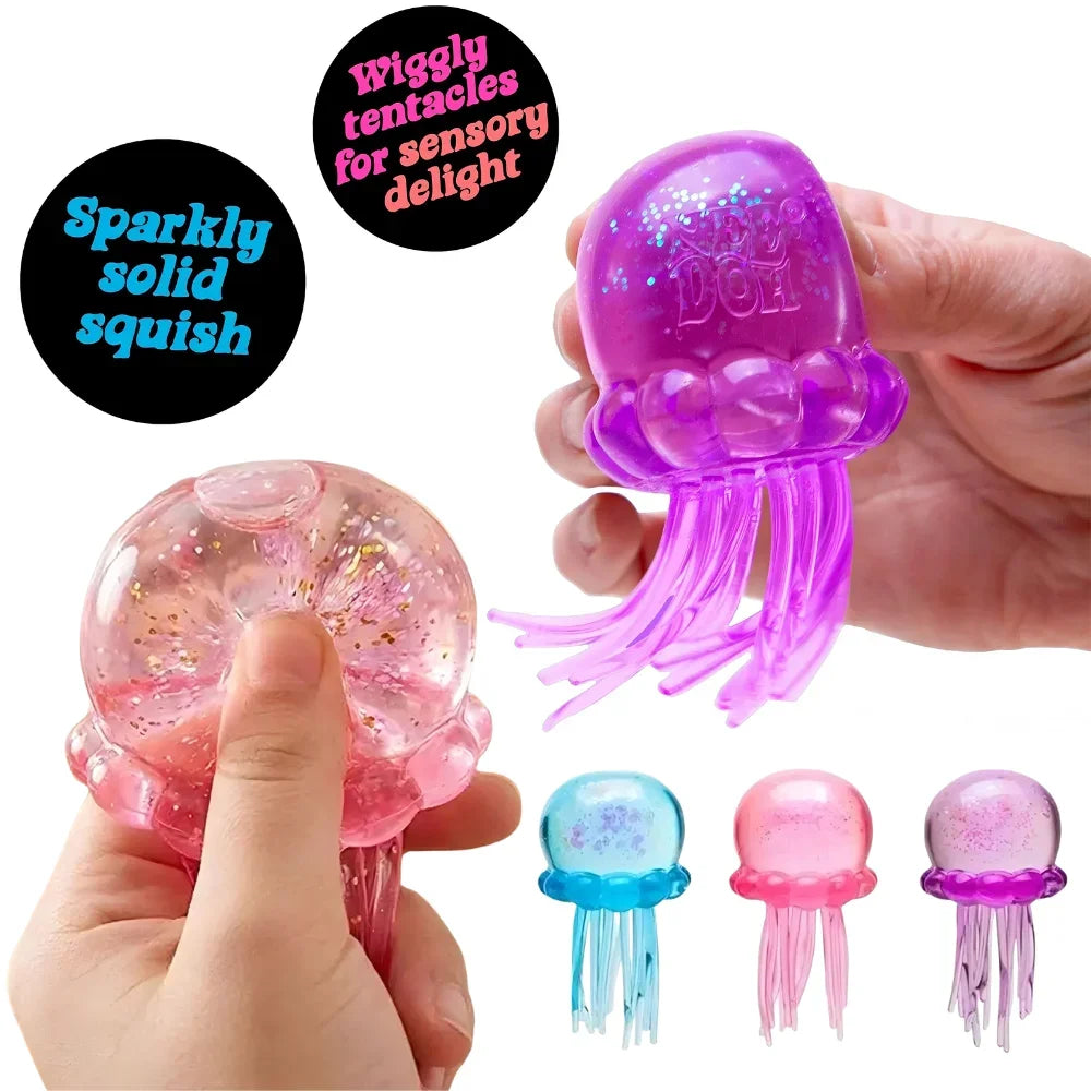 Schylling Nee Doh Jellyfish & Cube Squish Toy, Soft Jelly Squeeze Stress Relief Fidget Toy, Sensory NeeDoh for Kids & Adults