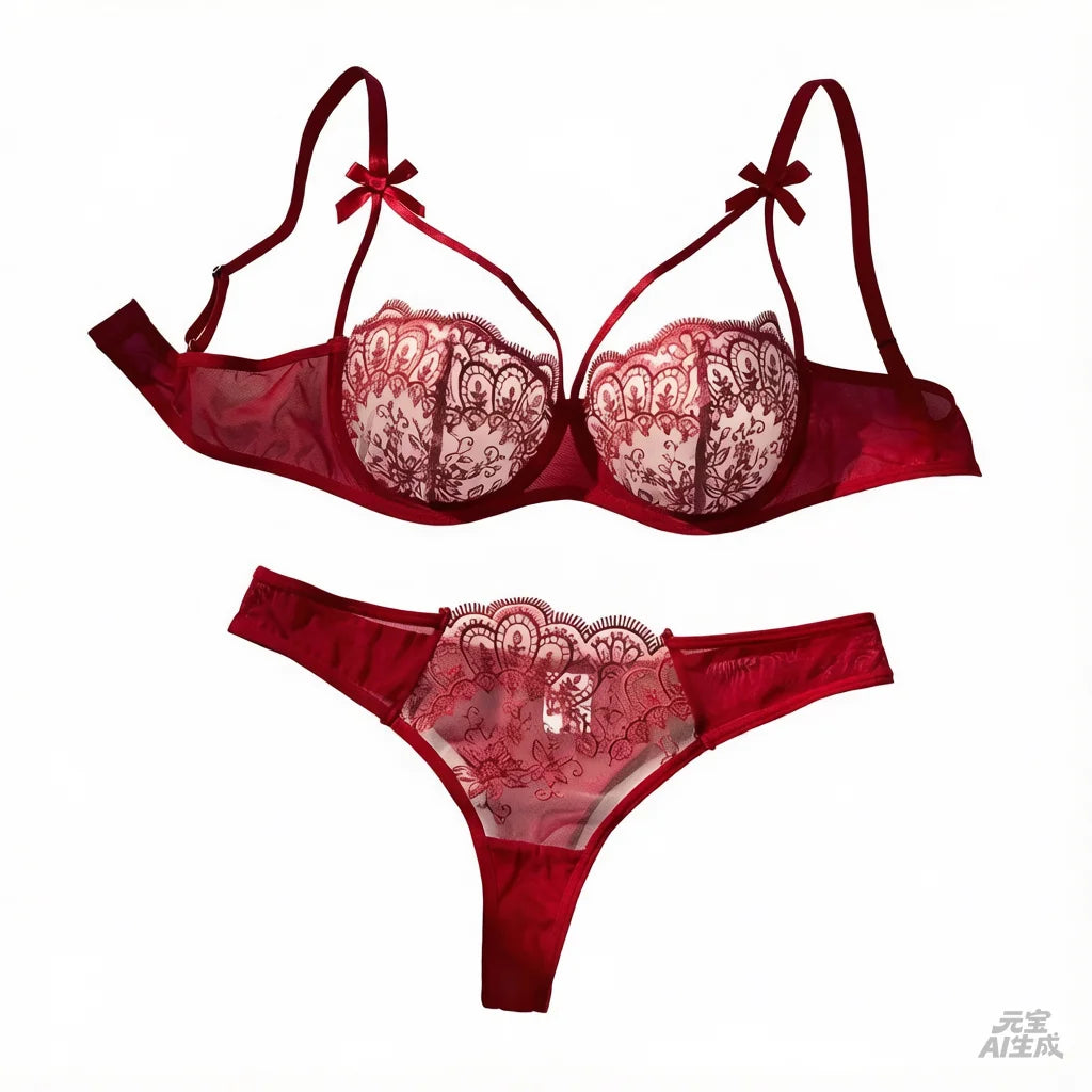Red Floral Lace Bra & Thong Set