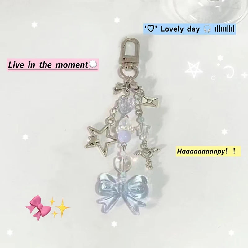 Y2K Bow Star Wing Couple Keychain Cute Blue Bowknot Heart Pendant Key Chain Purple Butterfly Beaded  Phone Charm Bag Keyring