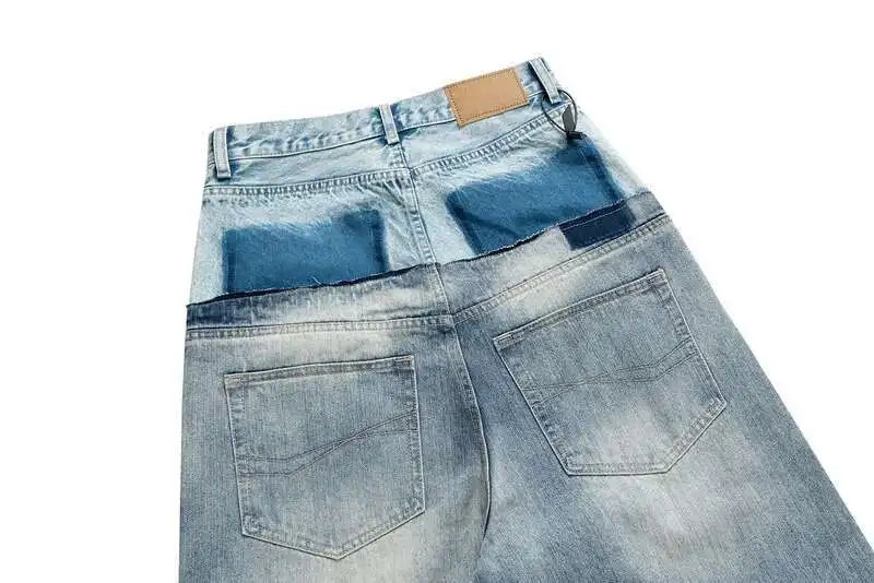 PFNW Niche Colorblock Patchwork Wide Leg Blue Jeans Men's Spring 2025 New Straight Double Waist Design Denim Trousers 28W6048