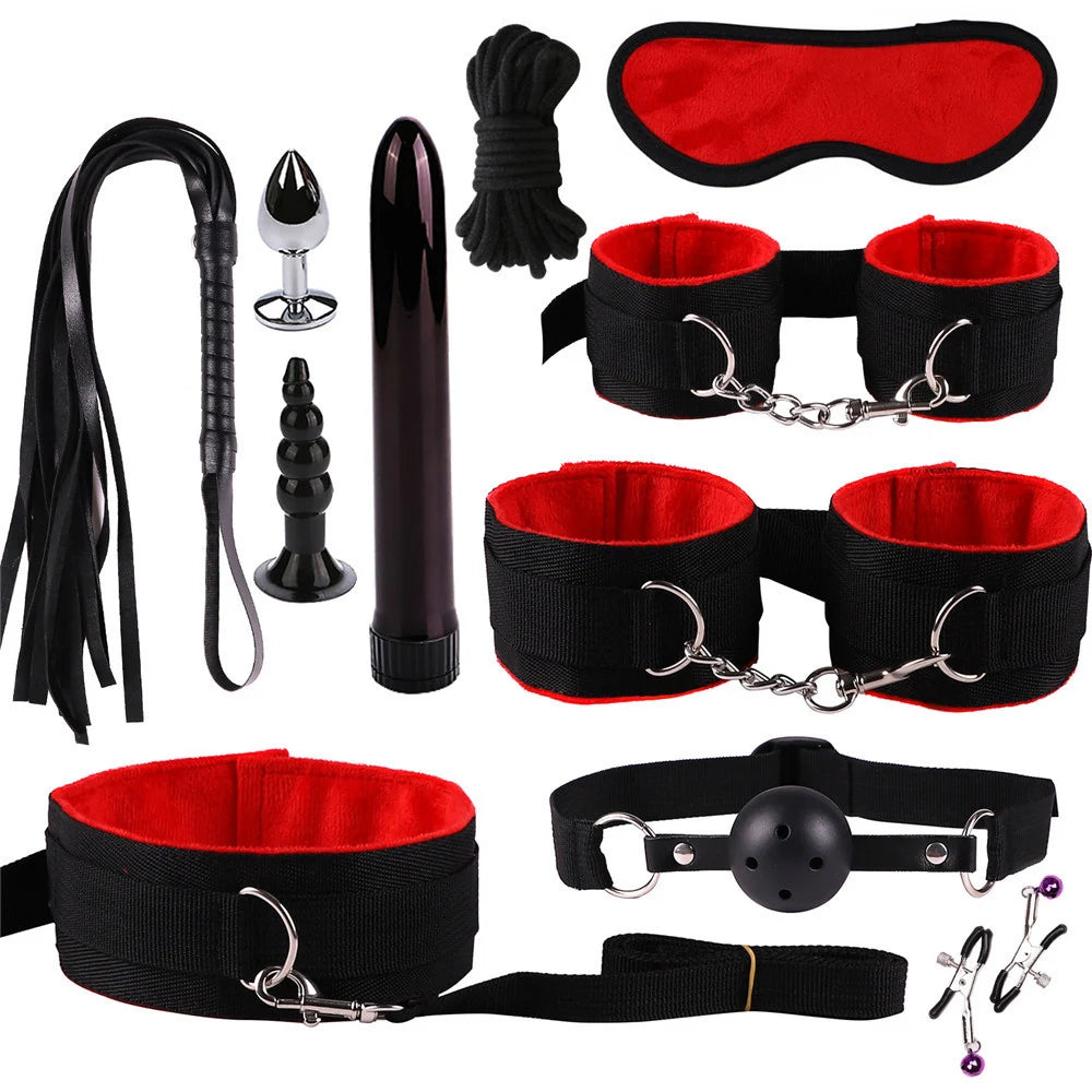 Exotic Accessories Nylon Sex Bondage Set Sexy Lingerie Handcuffs Whip Rope Anal Vibrator Adult Sex Toy for Couples
