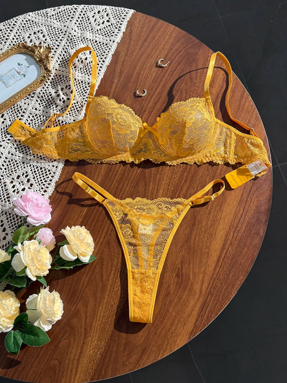 Women's Yellow Floral Lace Bra & Panty Set