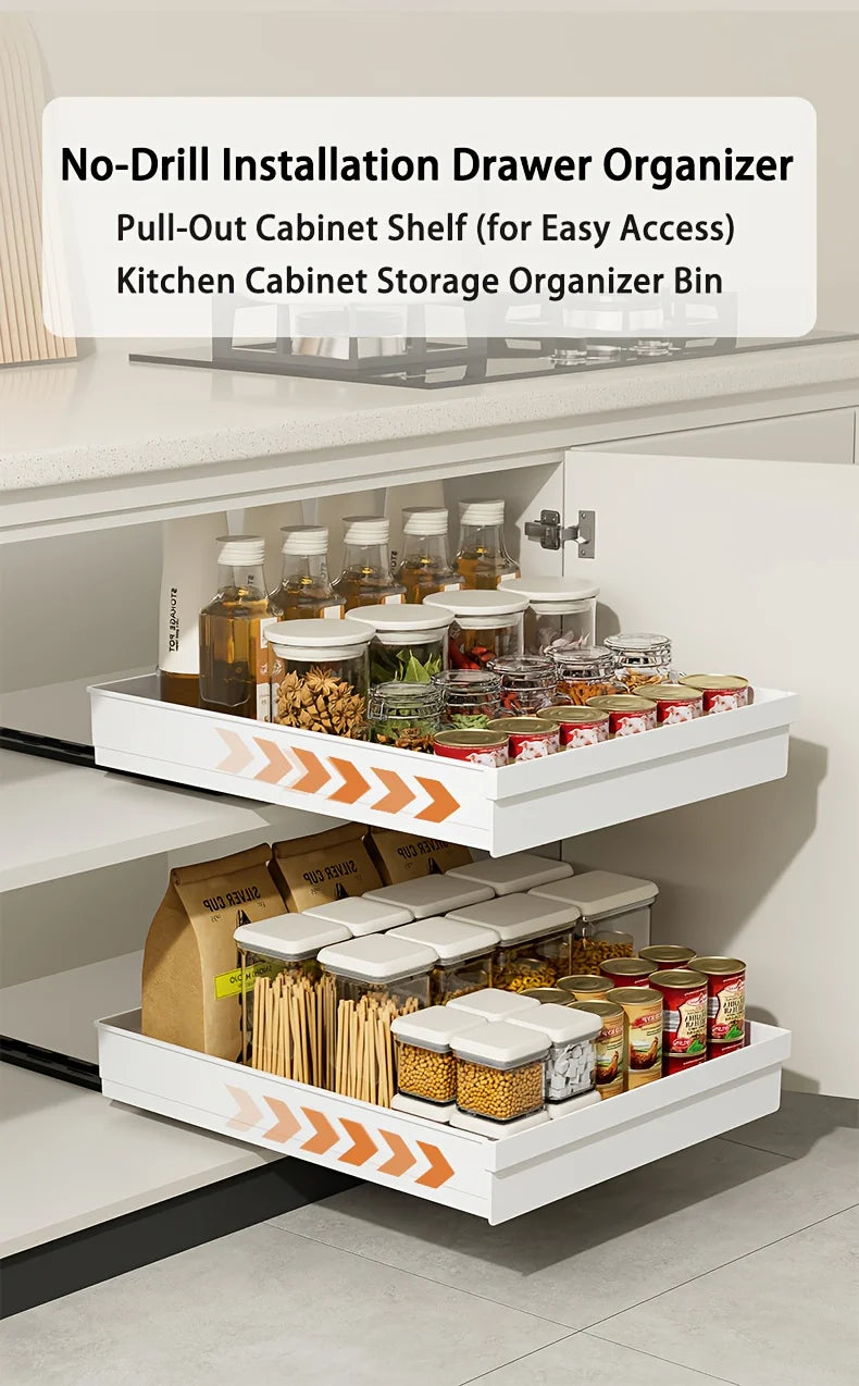 No-Drill Magic Tray Heavy-duty slide-out organizer for cabinets/sinks. Easy install, huge space saver! Perfect for tiny homes