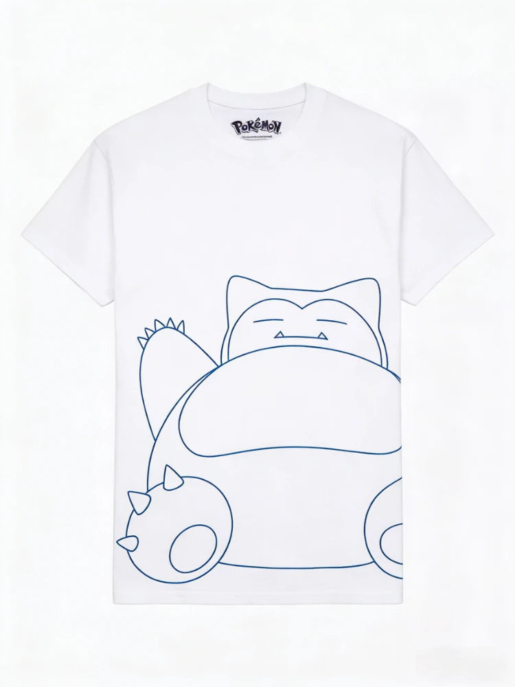 Bandai New Pocket Snorlax Line Art Print High Quality Fashion Men's Short Sleeve Parent-Child Loose Comfortable T-Shirt