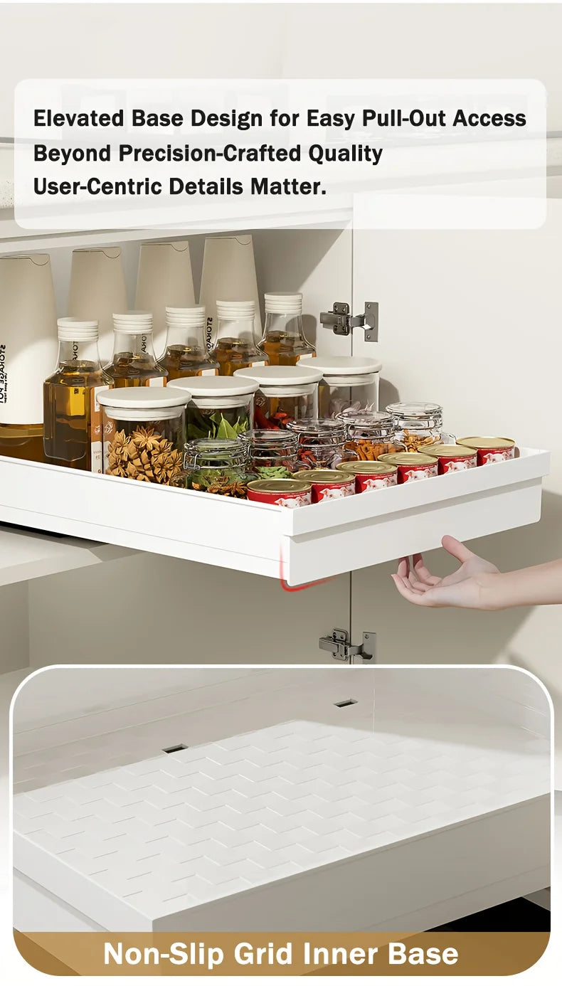 No-Drill Magic Tray Heavy-duty slide-out organizer for cabinets/sinks. Easy install, huge space saver! Perfect for tiny homes