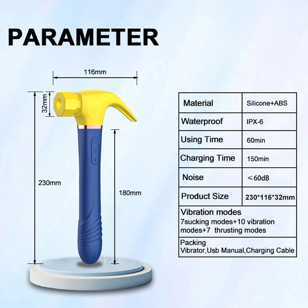 Women G Spot Vibrator 4 In 1 Magic Wand 7-Frequency Sucking Hammer Shape Rechargeable Sucker Vibration Sex Toy For Couple Adults