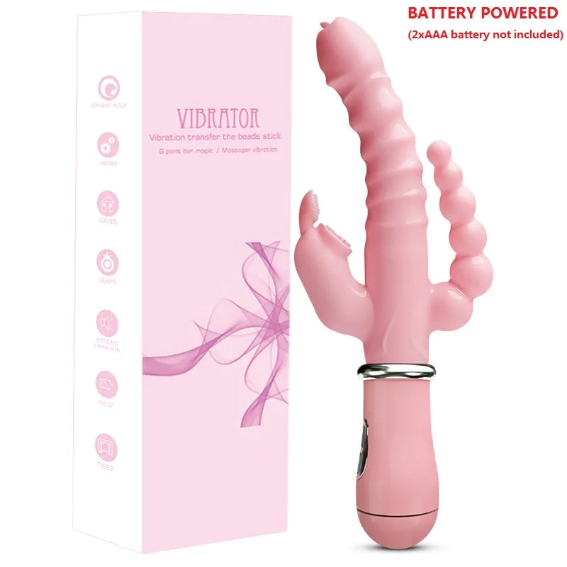 3 In 1 Dildo Rabbit Vibrator Clitoris G-Spot Rechargeable Anal Clit Vibrator Tongue Licking Double Rod Masturbation Stick