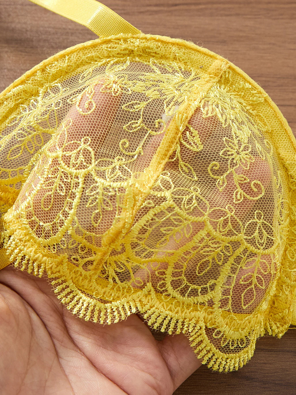 Yellow Floral Embroidered Bra & Tie-Side Thong Set
