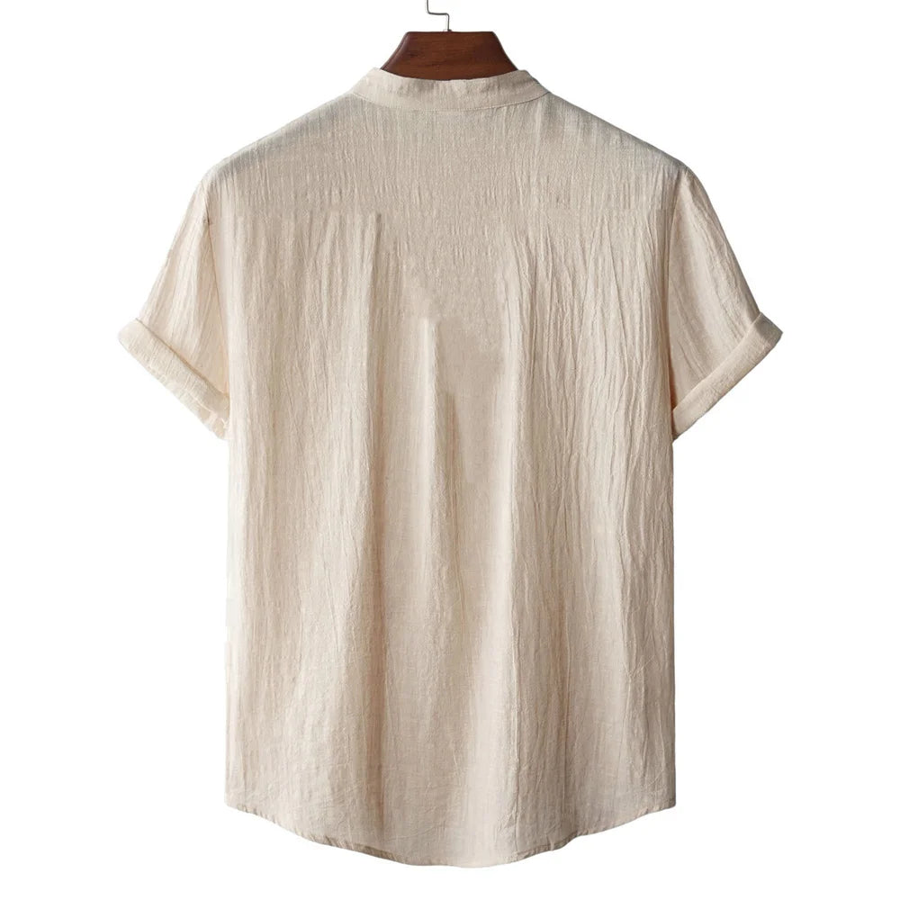 Men's Summer Cotton Linen T-shirt Beach Style Short SLeeve Henley Neck Vacation Hawaii Casual Lightweight Breathable Cozy Tops