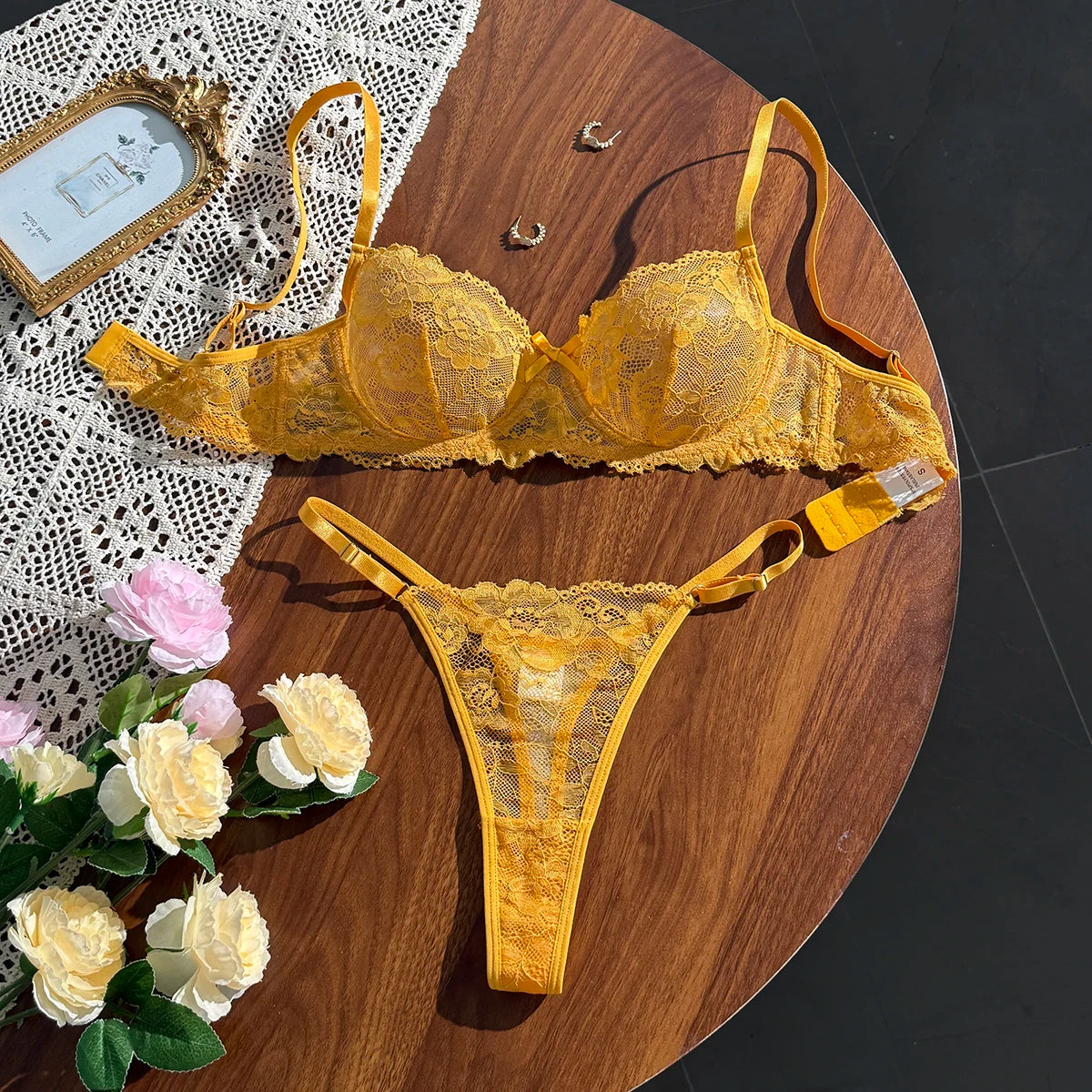Women's Yellow Floral Lace Bra & Panty Set