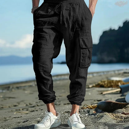 Amazon Cross-Border Cotton and Linen Tied Feet Multi-Pocket Tether Solid Color Loose Drawstring Trousers