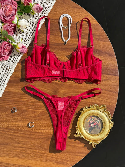 Women's Red Lace Embroidered Bra & Panty Set