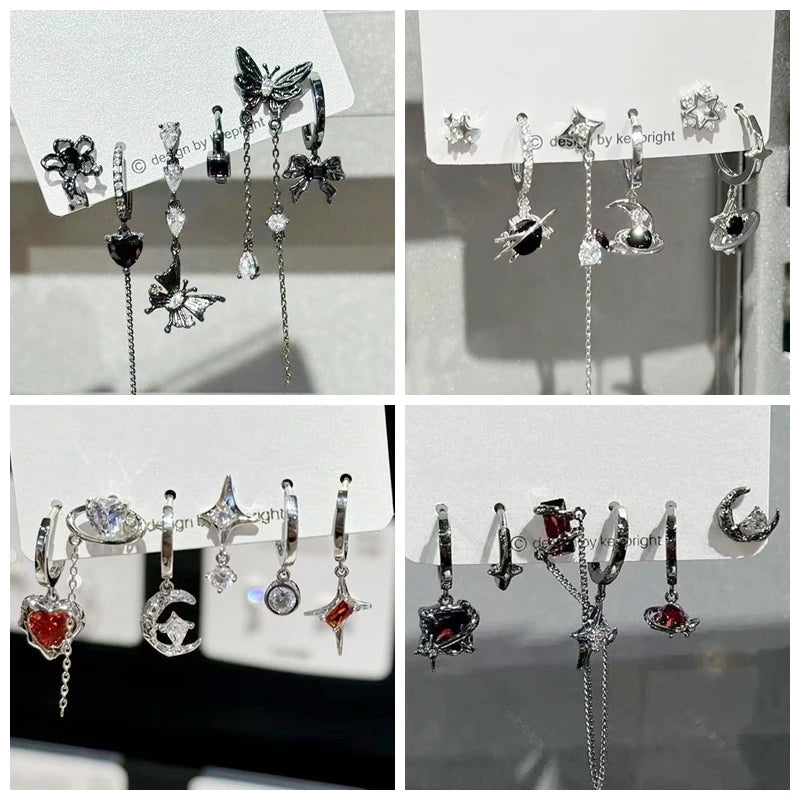 6Pcs Y2K Dark Red Zircon Star Moon Earring Set Gothic Black Butterfly Bow Tassel Earrings Set Kpop Heart Cross Star Earring Sets
