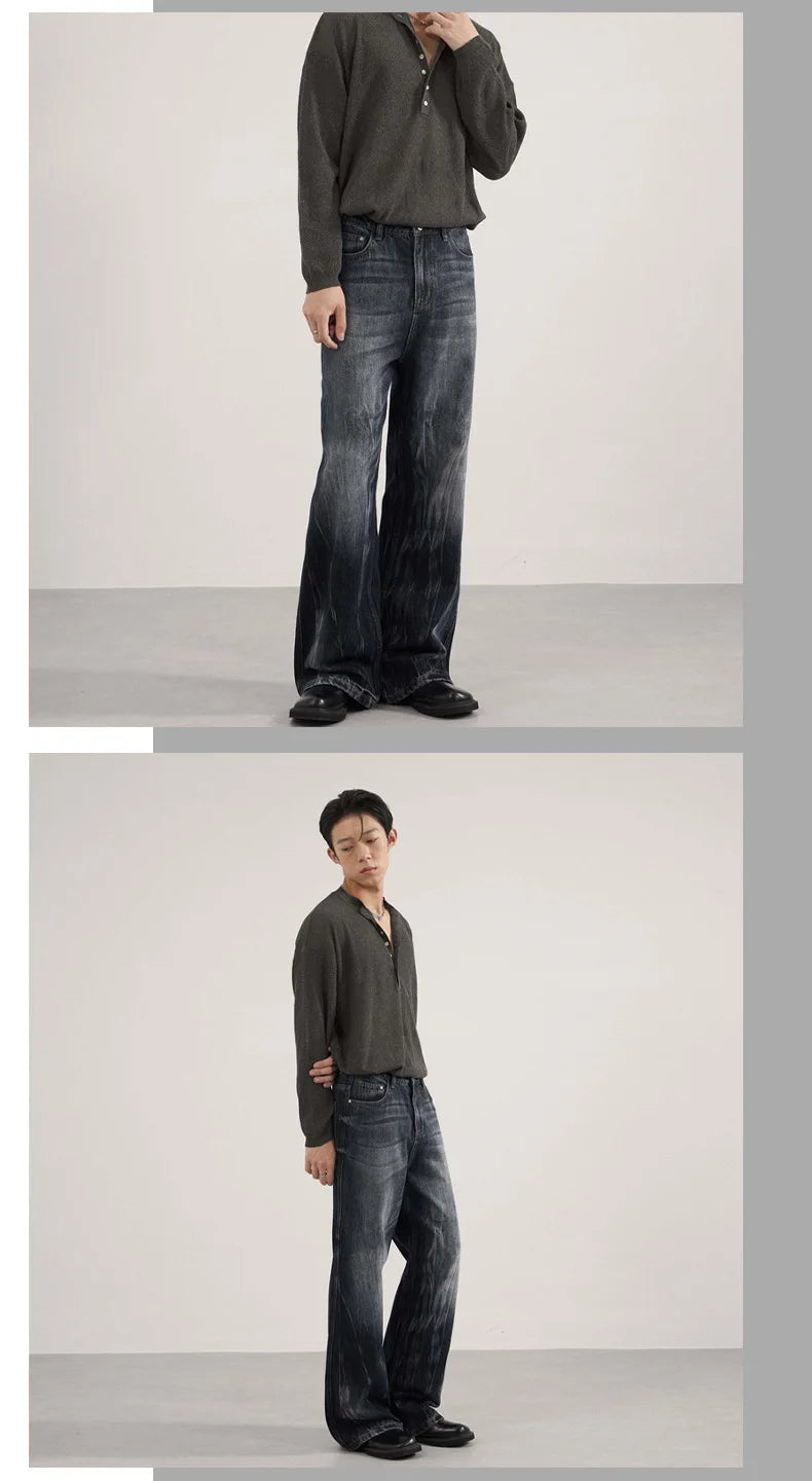 IEFB Men's American Style Denim Pants Washing Tie Dying Contrast Color Casual Wide Leg Flared Trousers Autumn Male Jeans 9W4182