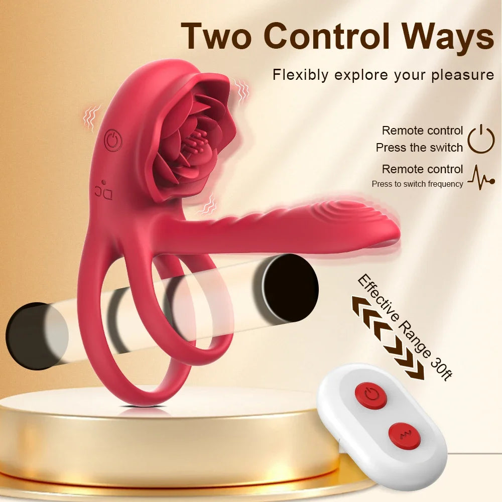 Remote Control Vibrating Cock Ring Penis Sleeve with Rose Clitoral Stimulator Penis Ring Vibrator Adult Sex Toys for Men Women