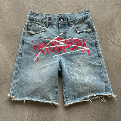 Y2K Graffiti Rhinestone Baggy Jorts