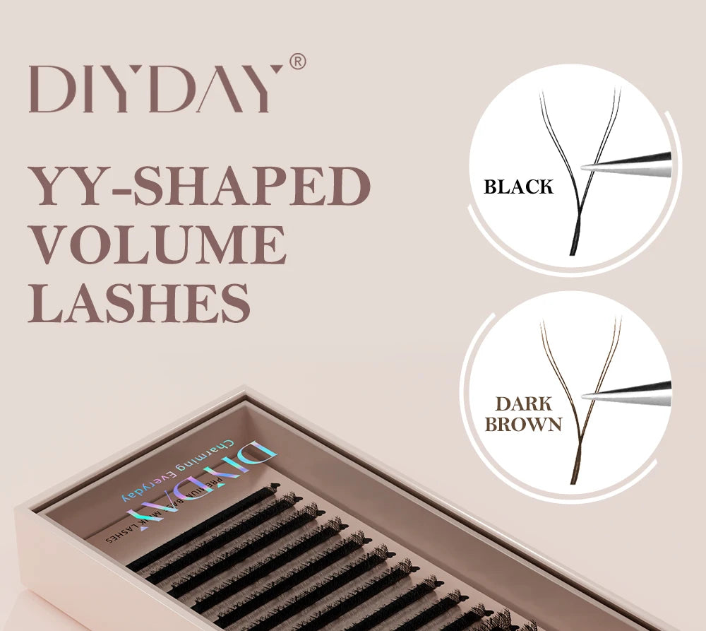 DIYDAY YY Shape Eyelash Extension C D L LU(M) N Curl Brown Lash Natural Soft Premade Volume Fans Two Tips Y-Shaped False Eyelash