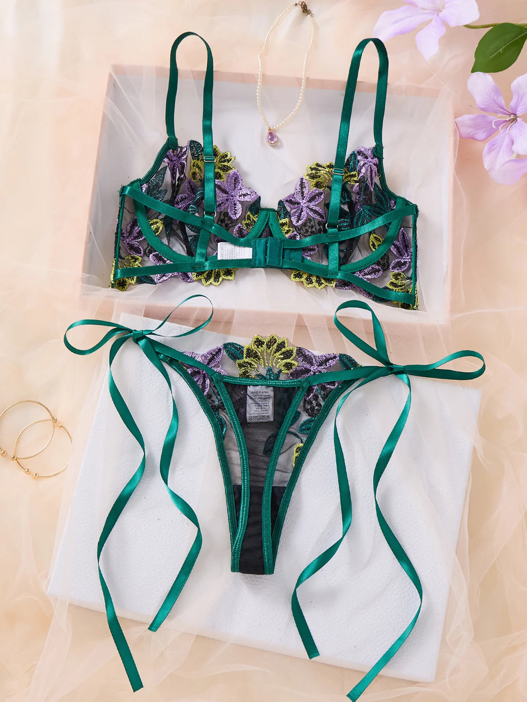 Green Multicolor Floral Embroidered Bra & Thong Set