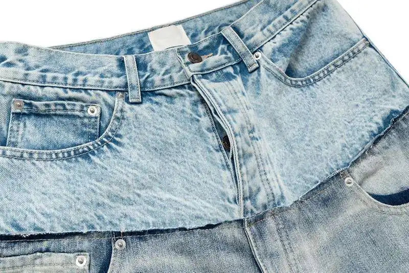 PFNW Niche Colorblock Patchwork Wide Leg Blue Jeans Men's Spring 2025 New Straight Double Waist Design Denim Trousers 28W6048