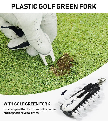 Golf Tees Rack with 12pcs Tees Green Fork and Pencil Portable Golf Accessory Storage Device TC001
