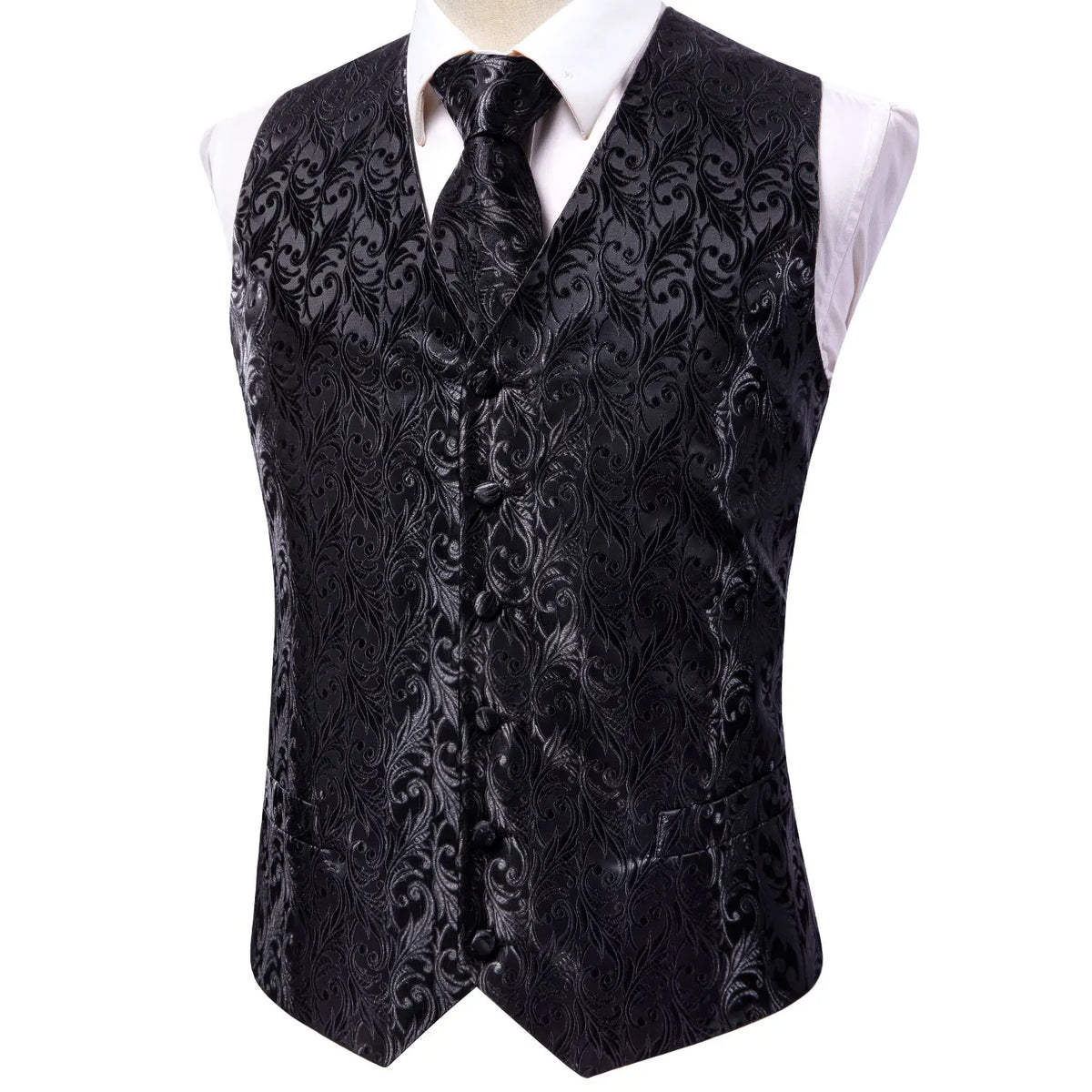 Men's Black Dress Vest Set with Tie Pocket Square Cufflinks - Jacquard Formal Tuxedo Waistcoat Suit Wedding Business Party