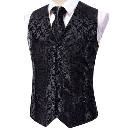 Men's Black Dress Vest Set with Tie Pocket Square Cufflinks - Jacquard Formal Tuxedo Waistcoat Suit Wedding Business Party
