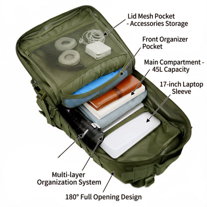 45L Tactical Travel Backpack Molle Large Capacity Multi Pocket Storage Bag Durable Wear Resistant Camping Hiking Trekking Bushcraft Daypack Heavy Duty Rucksack For Men Women Business Trips Mountain Climbing Daily Commute Lugg
