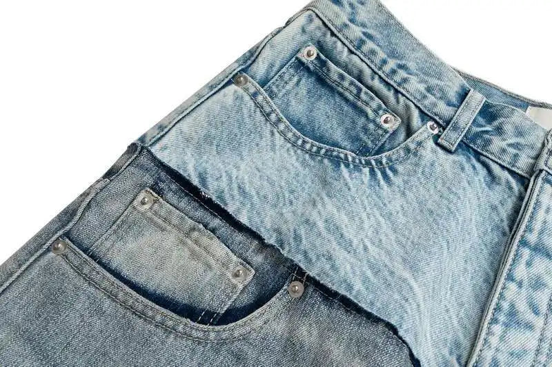 PFNW Niche Colorblock Patchwork Wide Leg Blue Jeans Men's Spring 2025 New Straight Double Waist Design Denim Trousers 28W6048
