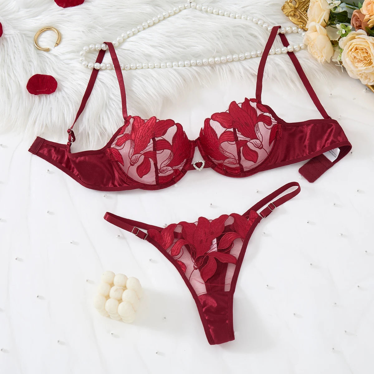 Floral Embroidered Bra & Brief Set