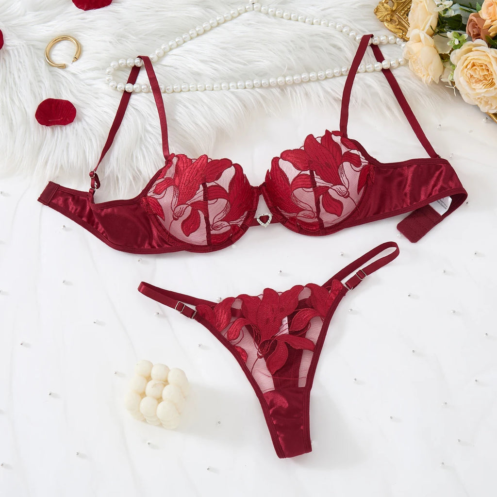 Wine Red Floral Embroidered Bra & Thong Set