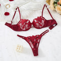 Wine Red Floral Embroidered Bra & Thong Set