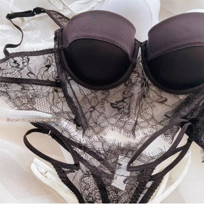 Sexy Lace Underwear Female Poly Poly Thin Soft Steel Ring up Support Anti-Sagging Collect Vice Breasts Solid Color Back Bra Set